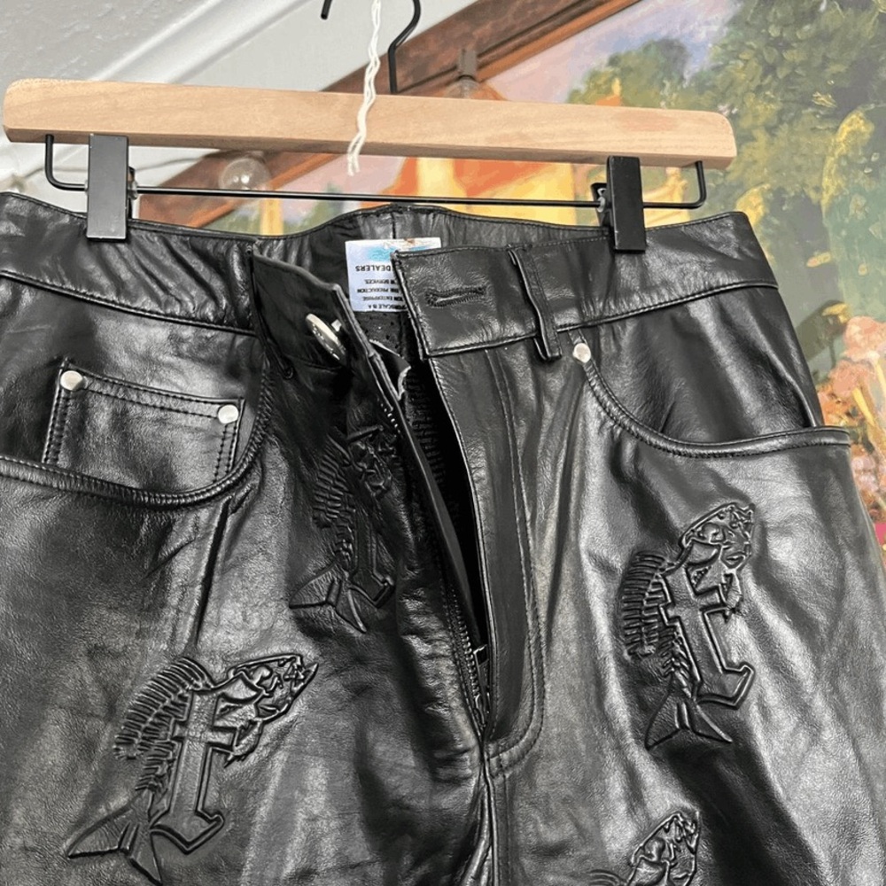 Black Leather Pants with Fish Embroidery
